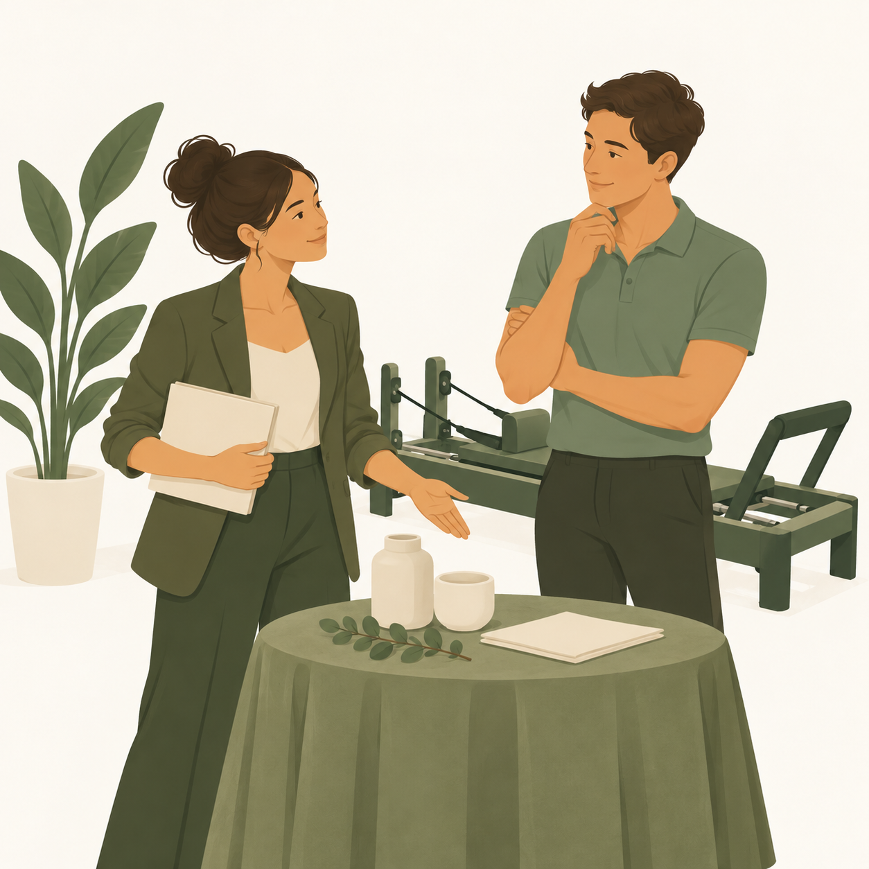 An organiser and host prepare a small product display near a Reformer