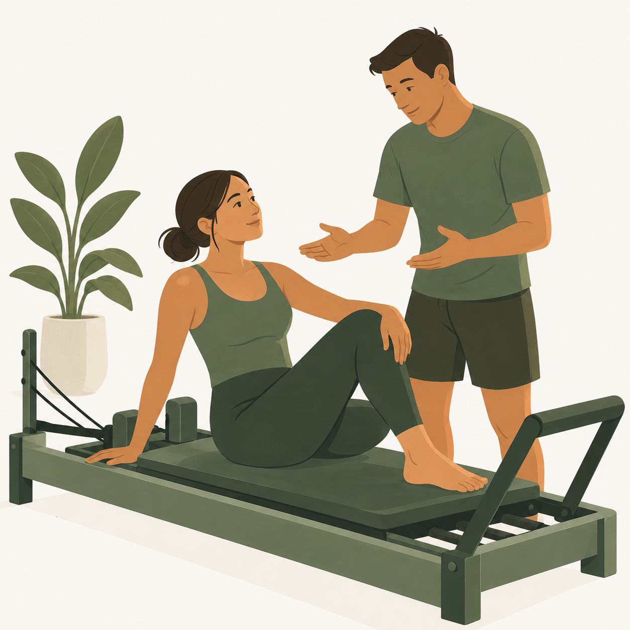 A participant and teacher discussing a class beside a Reformer