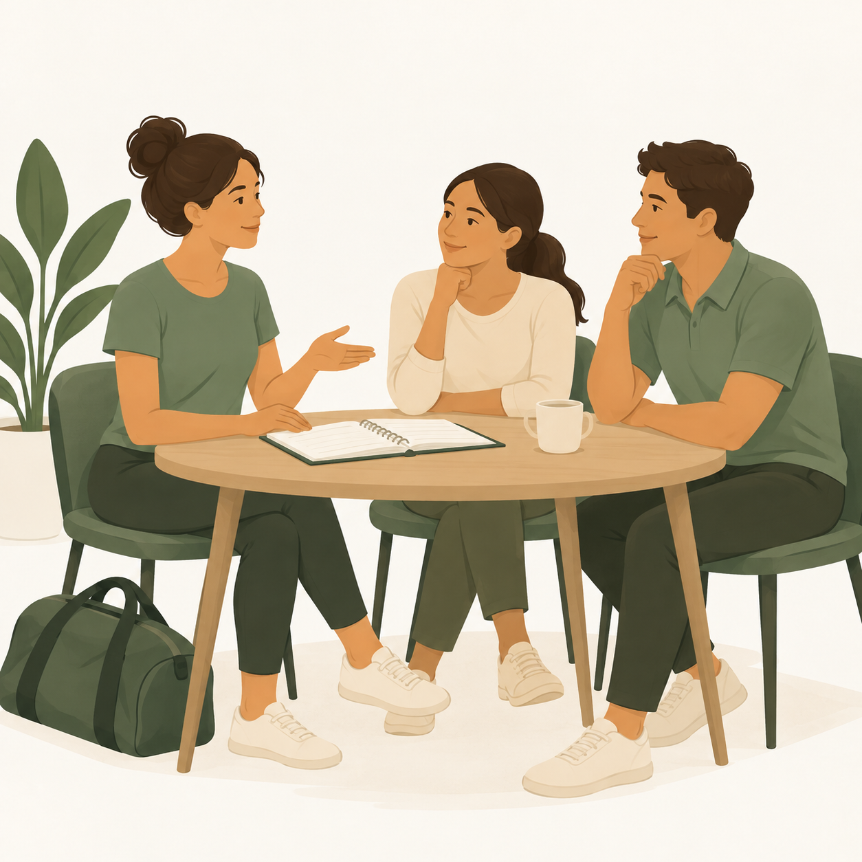 Two colleagues and an organiser plan a programme with an open diary