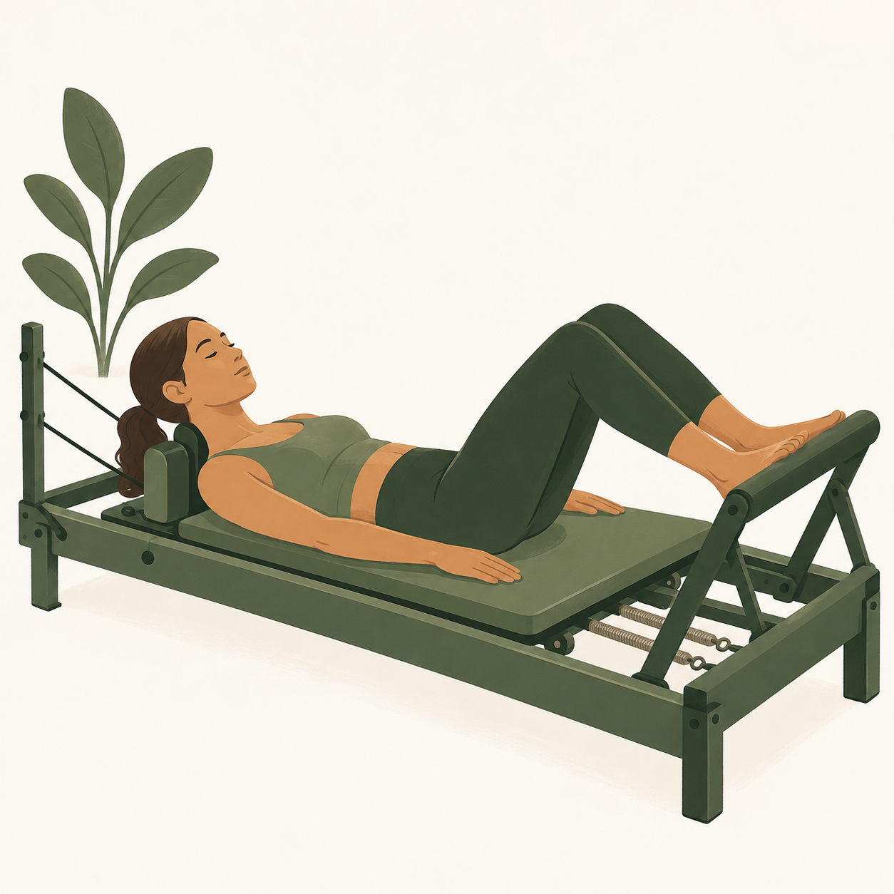 Une participante allongée sur un Reformer, les pieds posés sur la barre