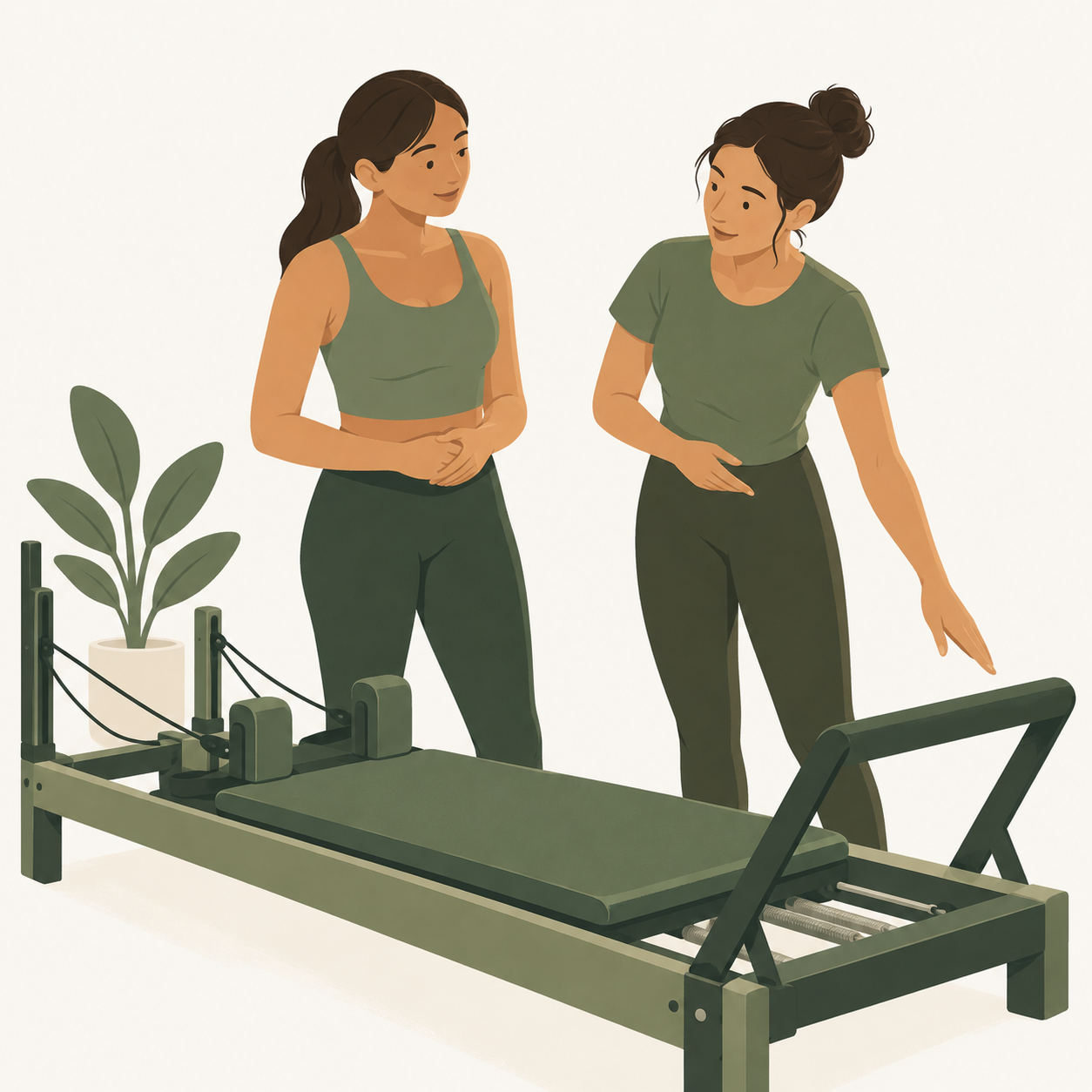 A teacher introducing the Reformer to a new participant