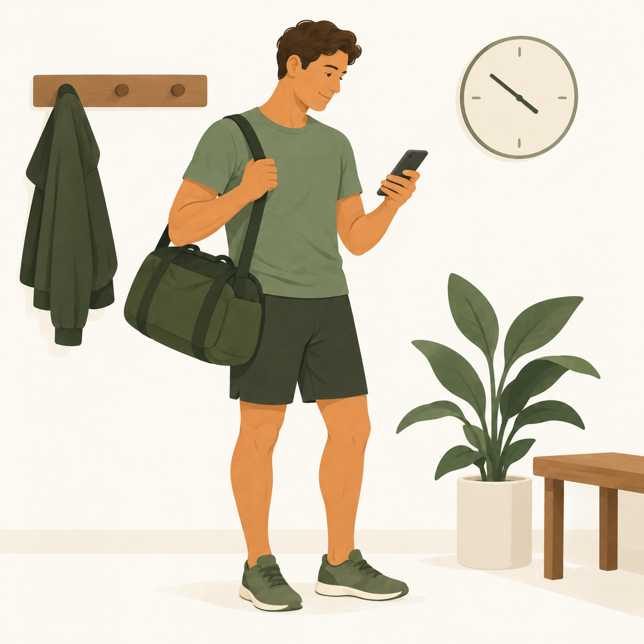 Une personne avec un sac de sport consulte son téléphone près d’une horloge