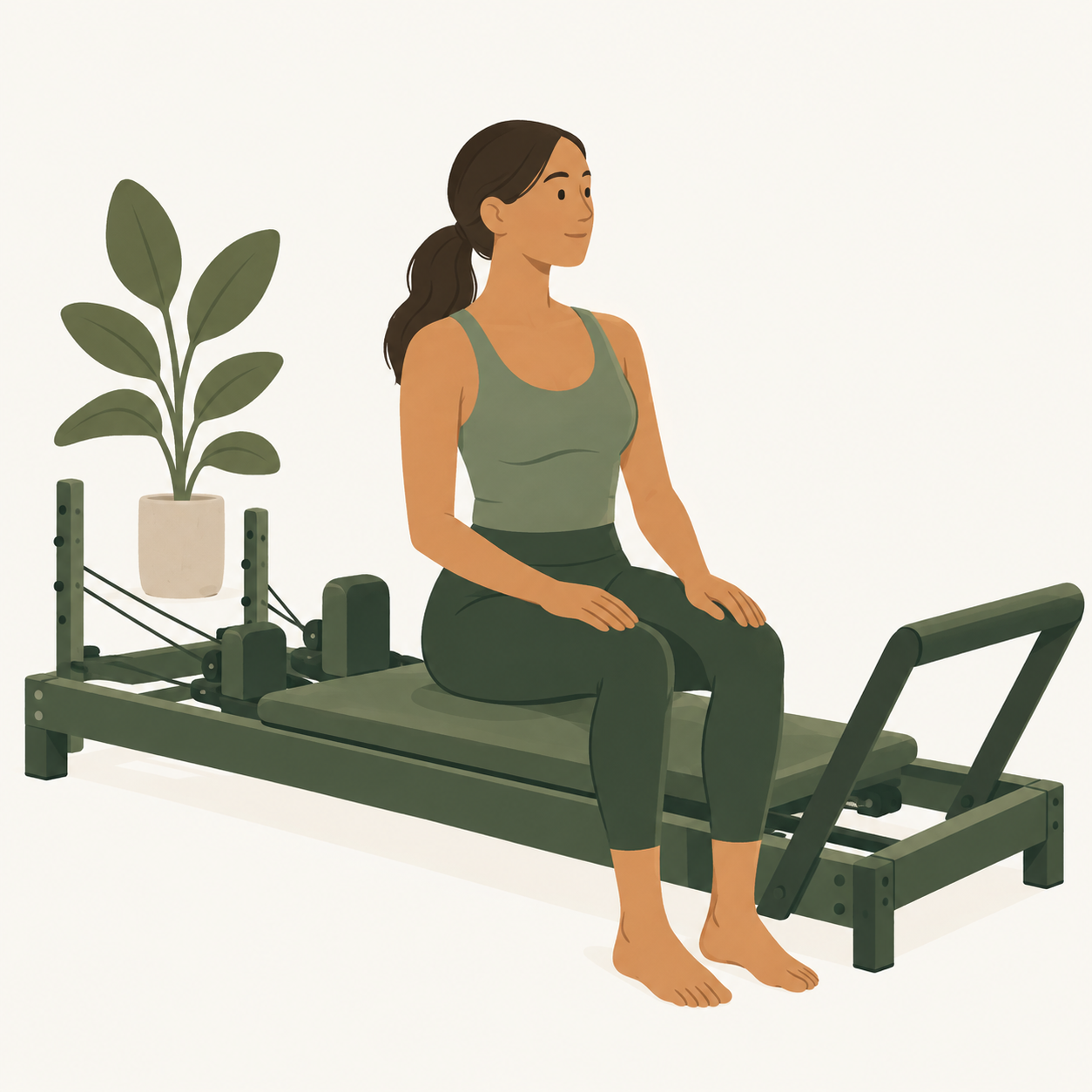 Une participante assise sur le chariot d’un Reformer