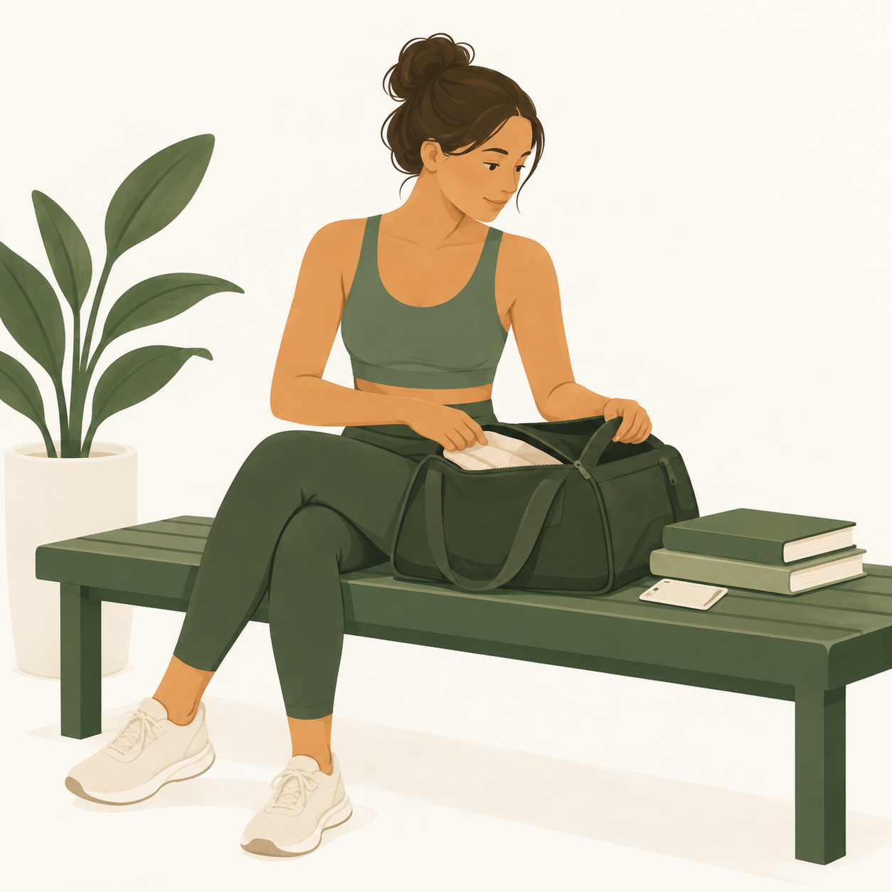 Une étudiante prépare son sac de sport à côté de livres et d’une carte sans inscription