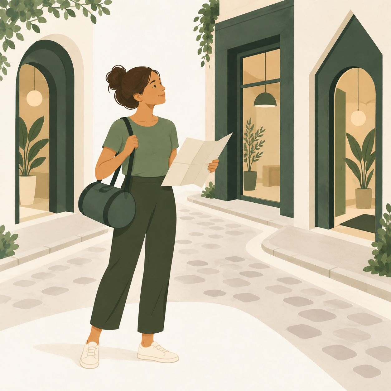 Une personne avec un sac de sport compare trois entrées de studios imaginaires avec une carte