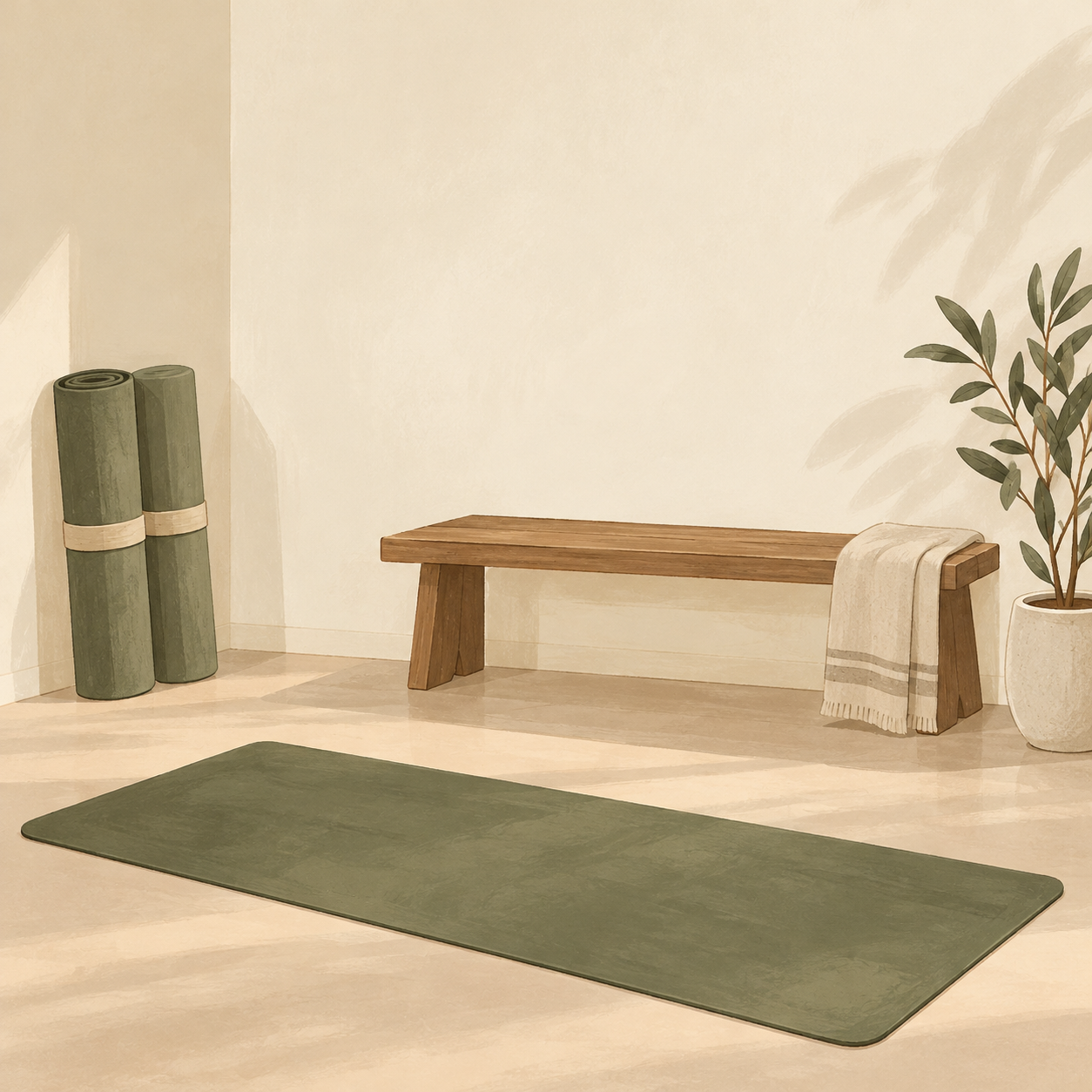 Illustration d’un espace bien-être avec tapis, banc et plante