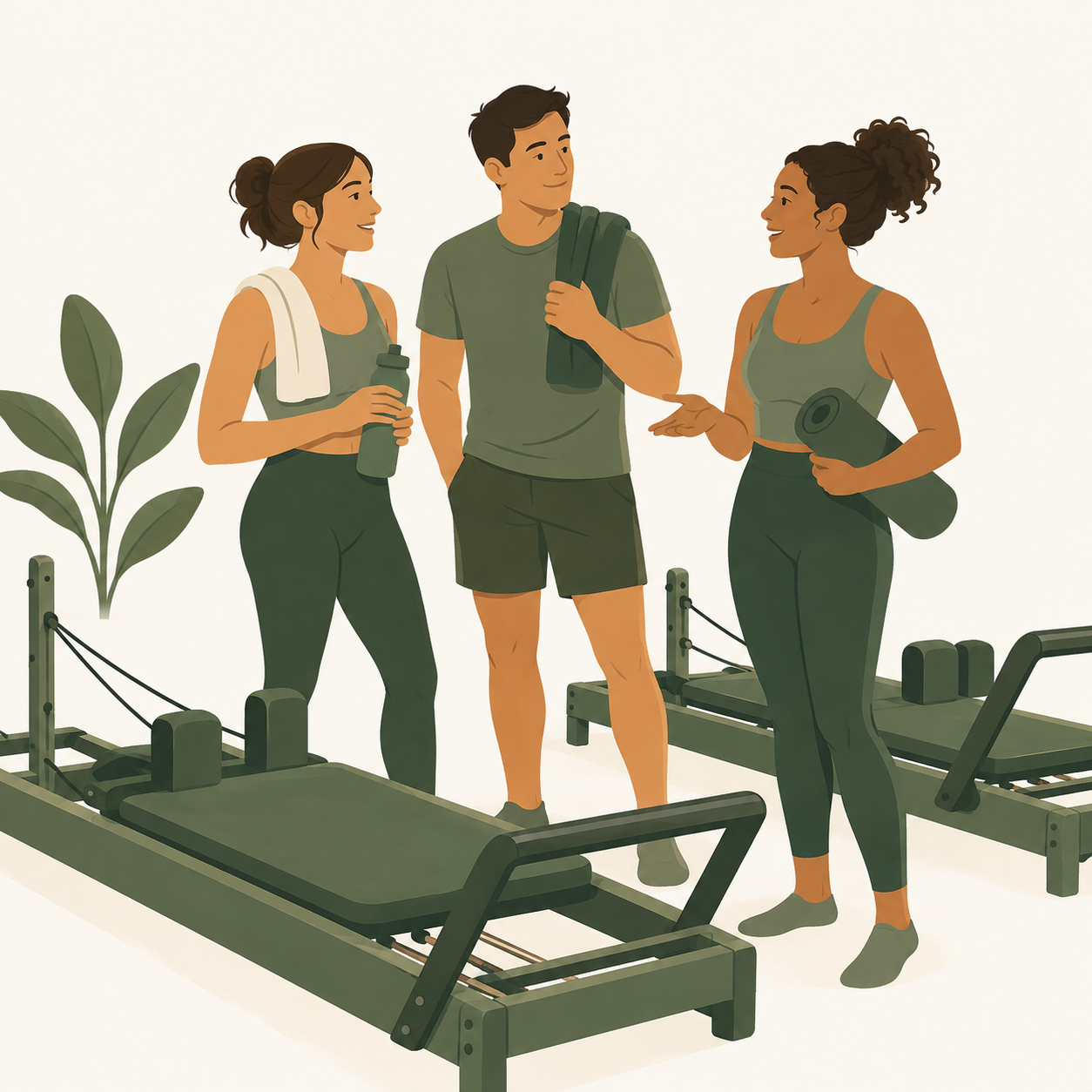Trois collègues échangent avant une séance de Pilates