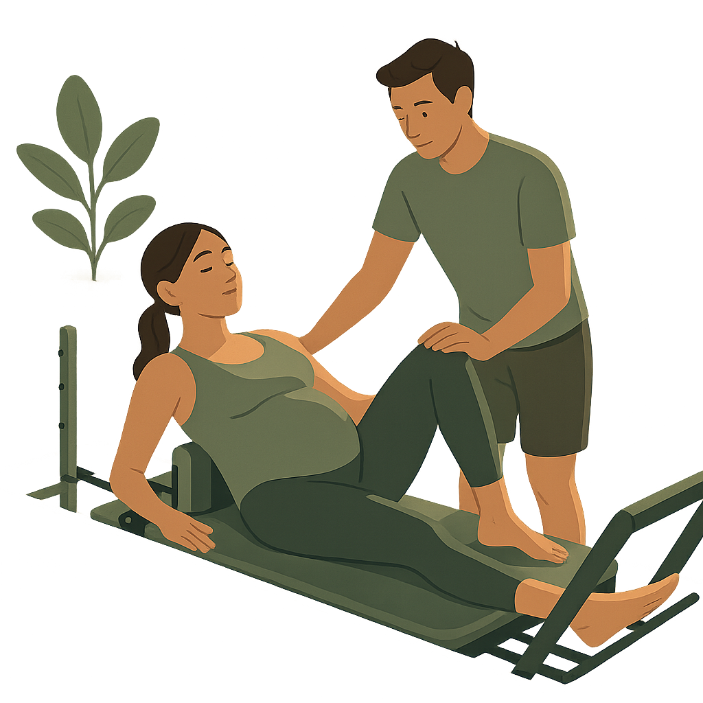 Pregnant woman doing Pilates on a Reformer machine