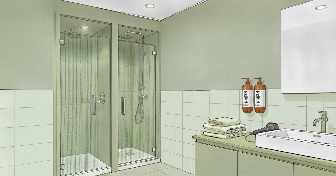 Wellness bathroom sketch showing premium shower facilities and luxury amenities