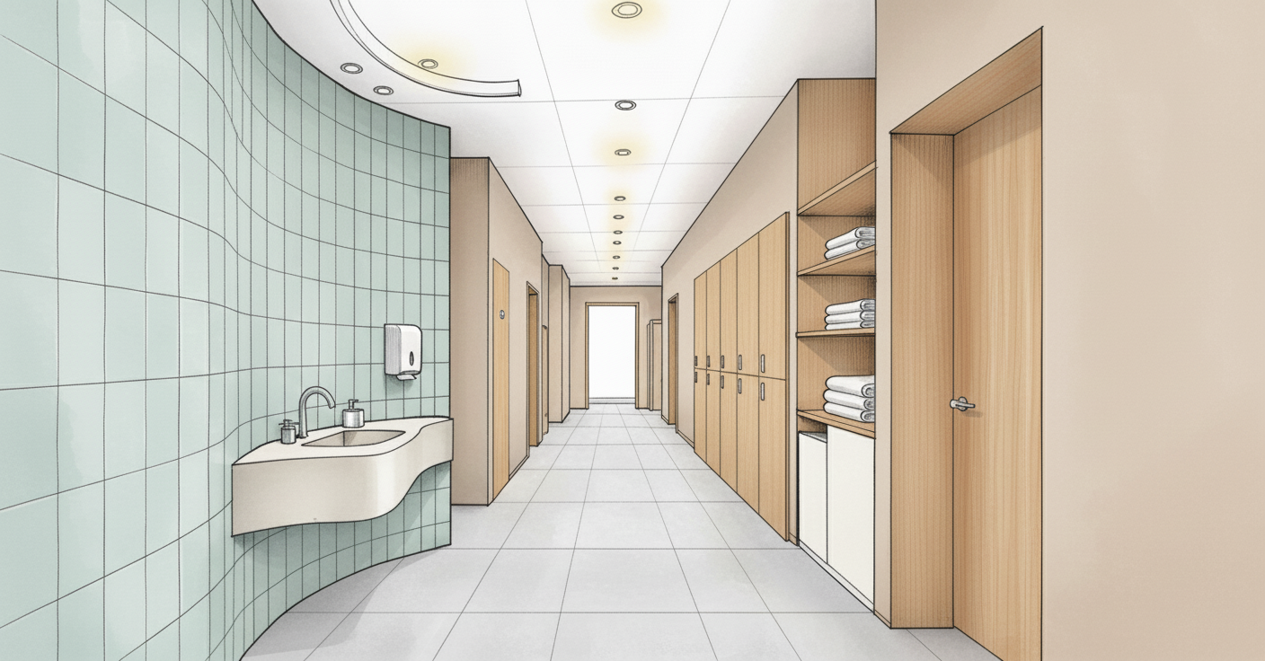 Corridor sketch showing the peaceful pathways connecting different studio areas