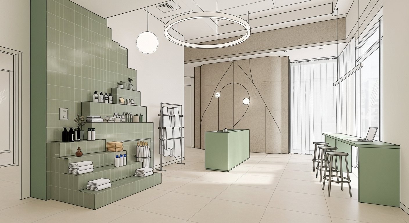 Reception area sketch showing the welcoming entrance and check-in space