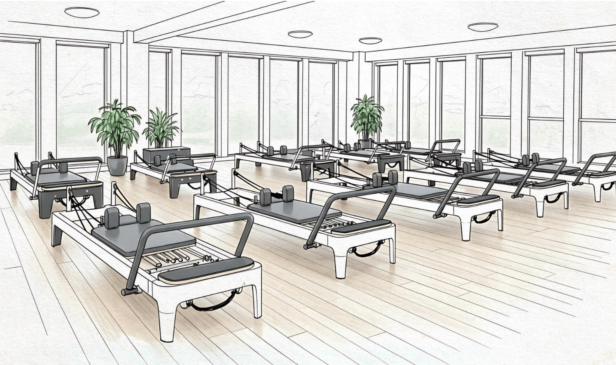Studio sketch showing Reformer Pilates equipment in our bright East Paris location